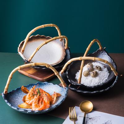 China Japanese Style Stocked Ceramic Dishes With Wood Handle Rough Ceramic Dishes for sale