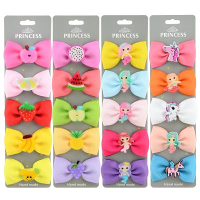 China 2.75 Inch Hair Band Accessories 5pcs Summer Fruit Mermaids Unicorn Ribbon Hair Bows One Card Baby Hair Accessories for sale