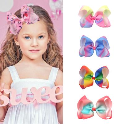 China Fashion Mia Large 6 Inch Rainbow Unicorn Ribbon Student Girls Hair Bow Hair Clip Baby Hair Accessories for sale