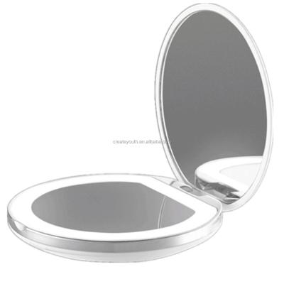 China Lighted Mini Portable Folding Travel Mirror 2x Magnification Led Mirror for sale