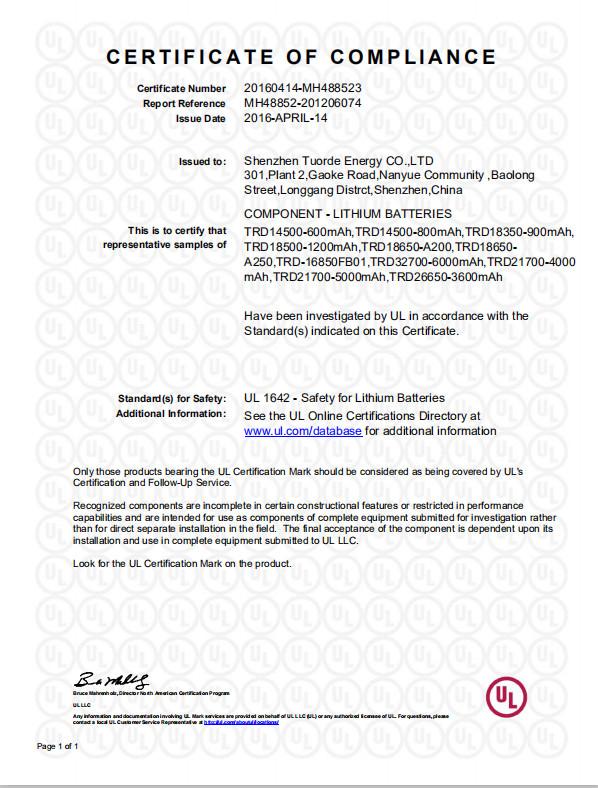 UL-1642 - Shenzhen Tuorde Energy Co., Ltd