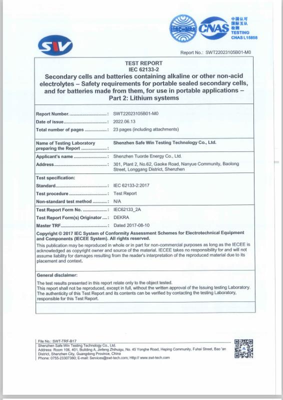 IEC62133-2 - Shenzhen Tuorde Energy Co., Ltd