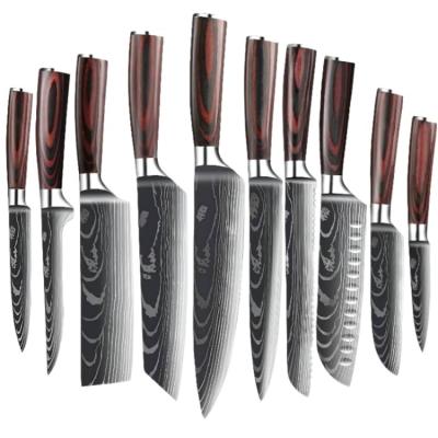 China Damascus Laser Pattern Stainless Steel Kitchen Knife Viable Bread Knife Set For Kitchen Family for sale