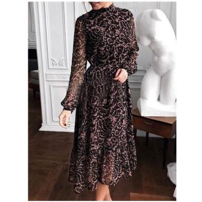 China 2019 Breathable Adult Black Clothing Print High Neck A-Line Midi Dress Women Office Dresses for sale