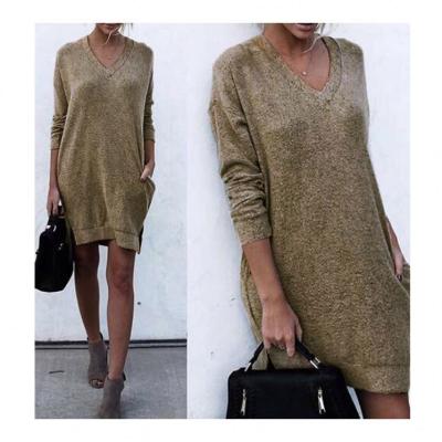 China 2020 Simple Women's Clothing Anti-Shrink Color V-Neck Dress Pullover Sweater Dresses for sale