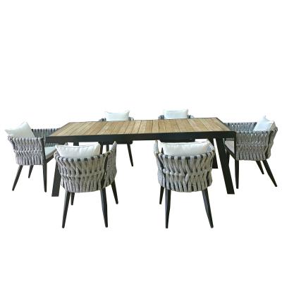 China Durable hot selling aluminum frame and braided rope chairs for party teak outdoor dining tables for sale