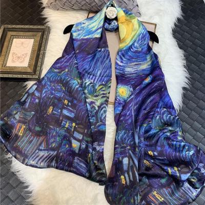 China Zipeiwin Design Luxury Starry Night Silk Scarf Soft Elegant Luxury Oil Painting 100% Long Warm Silk Scarf For Woman for sale