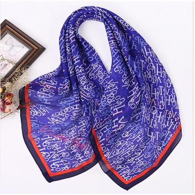 China Soft Elegant Luxury Blue Square Pattern Scarf Zipeiwin Alphabet Satin Georgette Satin Silk Bandanna Scarf For Woman for sale