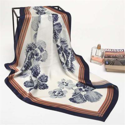 China Zipei Soft Stylish Luxury Stylish Flower Stripe Printed Satin Blue Silk Square Head Bandana Mini Square Neck Scarf for sale