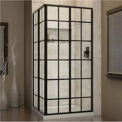 China Corner 3 Panel Sliding Tempered Glass Wall With Black Framed Silk Pringint for sale