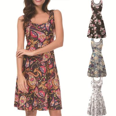 China 2021 Wholesale Breathable New Arrive Knee Length Slip Casual Elegant Summer U-Neck Sleeveless A-line Printing Dress for sale