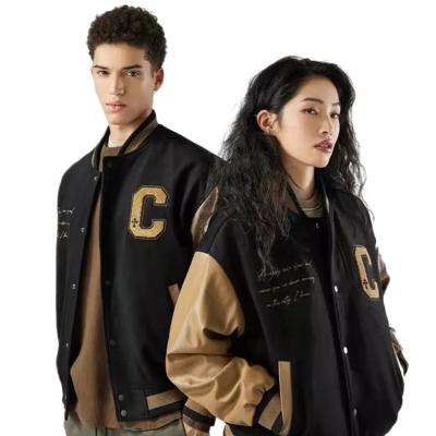 China QUICK DRY loose faux leather baseball jacket sleeves and unisex brown letterman leather jacket logo patch varsity jacket for sale