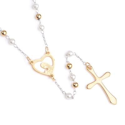 China Religious Gold Plated Stainless Steel Women Necklace With Heart Engraved Rosary For Catholic Pray Use for sale