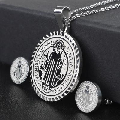 China Saint Benedict Silver Stainless Steel Religious Necklace Earring Women Jewelry Set for sale