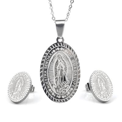 China Religious Our Lady of Guadalupe Silver Stainless Steel Necklace Earring Jewelry Set Religious for sale