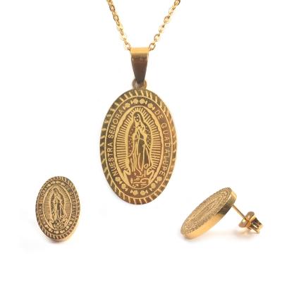 China Religious Our Lady of Guadalupe Gold Plated Stainless Steel Religious Necklace Earring Jewelry Set for sale