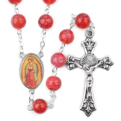 China Religious Our Lady of Guadalupe Red Agate 8mm Beads Religious Cross Necklace With Box Catholic Chain Rosary for sale