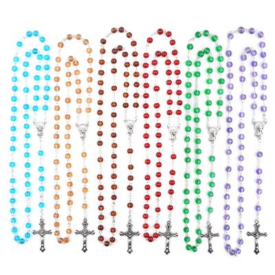 China Virgin Mary 6mm Religious Glass Beads Religious Men Women Cross Necklace Catholic Chain Rosary for sale