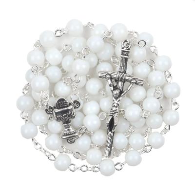 China Centerpiece 6mm First Communion First Communion Chain Rosary Beads White Religious Necklace Women Religious for sale