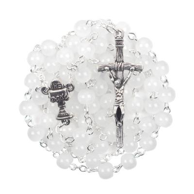 China 6mm Glass Beads Chain Rosary First Communion Cheap Clear White Catholic Women Men Religious for sale