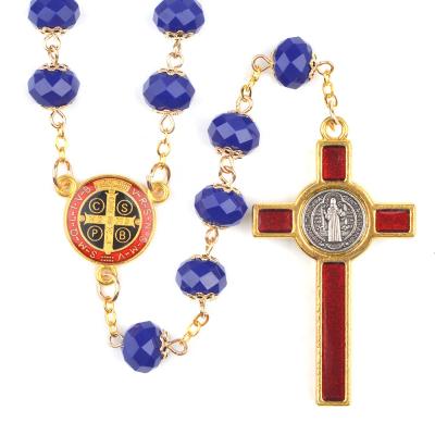 China Rosary Religious Centerpiece Crystal Beads Rosaries Saint Benedict Catholic Crucifix Necklace for sale