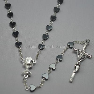 China Heart Shaped Hematite Material Catholic Rosary Necklace With Cross Pendant for sale