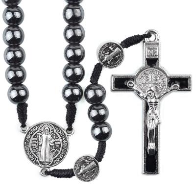 China St Benedict Cording Rosary 8mm Religious Hematite Beads Religious Cross Necklace Catholic Black Woven Rosaries for sale