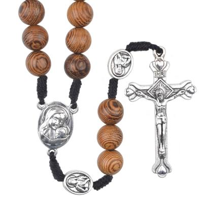 China Rosaries 8mm Religious Holy Wooden Catholic Wooden Beads Jerusalem Cross Necklace Tying Woven Rosary for sale