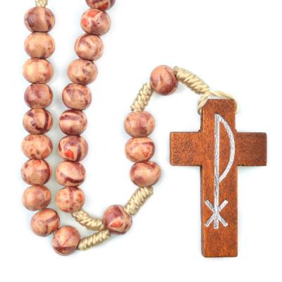 China Religious Catholic Wood Beads Medugorje Cross Necklace Rosaries 6x8mm Tying Woven Rosary for sale