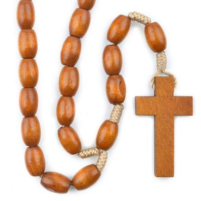 China Wholesale Religious Catholic Wood Cross Necklace Beads 12x8mm Religious Tying Woven Rosary Beads for sale