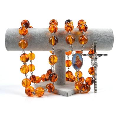 China Large Amber Beads Alloy Cross Catholicism Church Religious Acrylic Crucifix 20mm Wall Rosary for sale