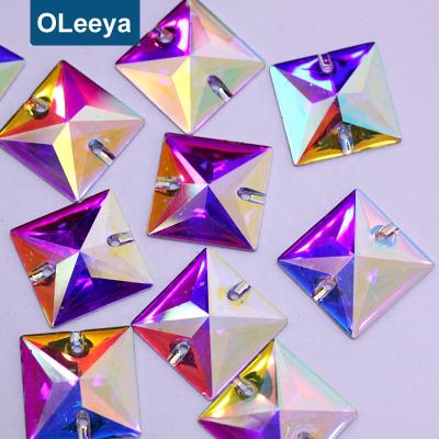 China OLeeya hot sale 10mm high quality and cheap resin crystal ab square flat back sew on rhinestones for dresses for sale