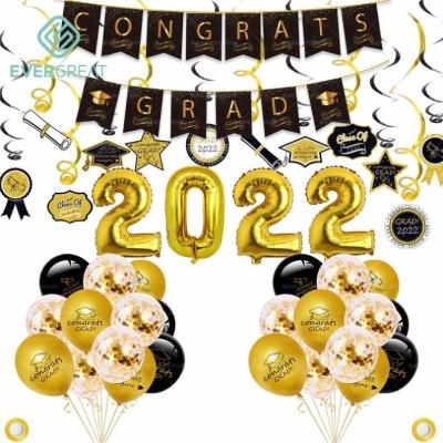 China Wholesale 2022 Paper Balloons Graduation Party Supplies Black and Gold Banner and Confetti Latex Foil Balloons Set Foil Number Balloons for sale