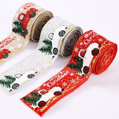 China Durable Christmas Ribbon Printed Burlap Ribbons For Gift Wrapping Wedding Decoration Hair Hangers DIY Christmas Tree Ribbon Garland Bows for sale