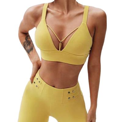 China New Design Color Sports Bra Women Fitness Elastic Fabric Breathable V-Neck One-piece Running Bra Female Yoga Bra for sale