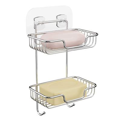 China Modern Wall Mounted Adhesive Bar Soap Sponge Holder 2 Tier Stainless Steel Soap Holder With Hooks for sale