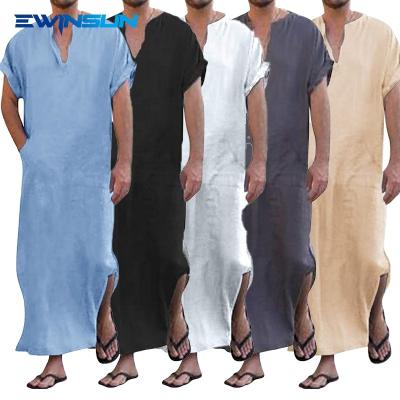 China Wholesale Ramadan Muslim Home Classic Thobe Simple Life Prayer Clothing For Men Cotton Sleeves Islamice Ashura Linen Short Long Dress for sale