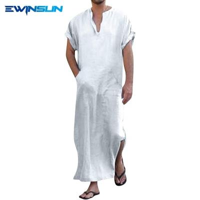 China V-Neck Muslim Men's Long Robe Home Wear Thobe Short Sleeve Onesie Robe Nightgowns Cotton Plain Casual Canvas Home Toga Muslim Men's Robe for sale