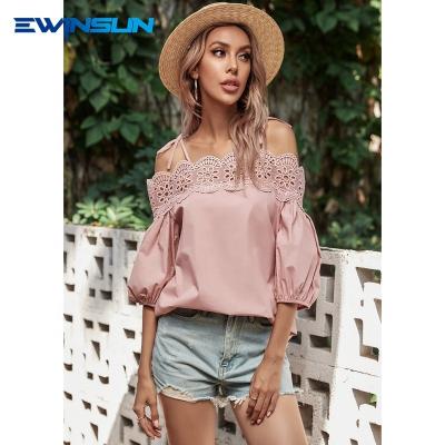 China Wholesale Anti-Shrink One Shoulder Lantern Blow Sleeve Lace Blouse Lady's Elegant Causal Tops Off The Shoulder Loose Letter Cotton Soft Korean for sale