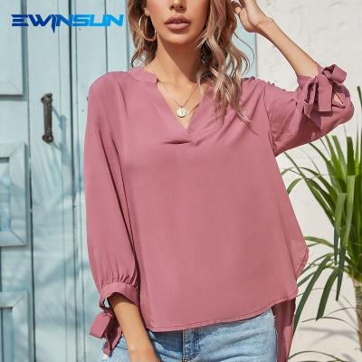 China QUICK DRY Hard Tops Design Chiffon Ladies And Loose Formal Women Color V Neck Blouses Spring Elegant Long Sleeve Casual Solid Pink Bow for sale