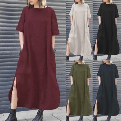 China Hot Sale Anti-Static Cotton And Black Casual Short Sleeve Women's Dresses Edge Neck Long Round Irregular Women Dress Canvas With Pockets for sale