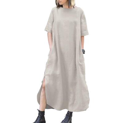 China Summer Anti-Static Women's Short Sleeve Cotton And Long Dress Canvas Beach Dress With Pockets Lady Casual Elegant Dresses for sale