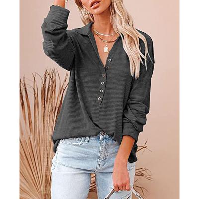 China Anti-wrinkle Women Clothing Tops Girl Fashion Casual Loose Cotton Polyester Solid Color V-Neck T-shirt Women's Long Sleeve Top Ladies for sale