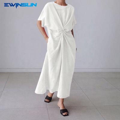 China Anti-static Women's Short Sleeve Twisted Dress Over The Knee Looser Irregular Waist Fashion Casual Dress Long Maxi Women's Canvas Dress for sale