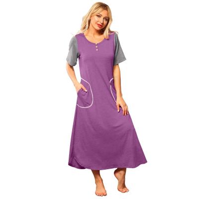 China New Breathable Drop and Button Women's Summer New Breathable Drop and Button Spring Dress Contrast Spring Dress Pocket Shipping Quilting Short Sleeve Nightgown for sale