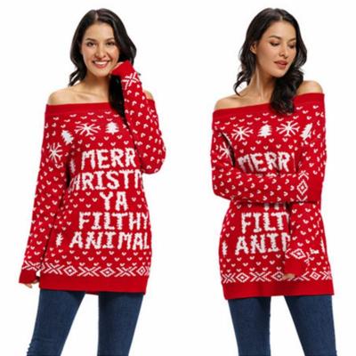 China Autumn and Winter Women's Clothing Snowflake Sweater Anti-Static Mid-Length Dress Letters One-Shoulder Christmas Casual Suit for sale