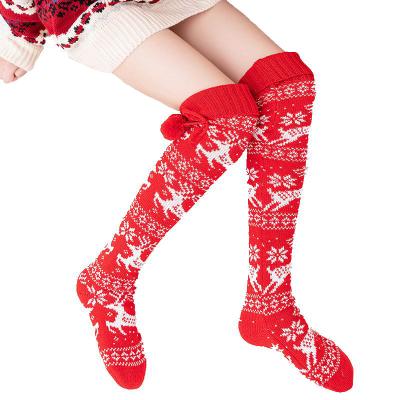 China New Sustainable Christmas Stocking Elks With Long Ball Knitted Tube Over The Knee Pile Stocking Women Red Mid Length Socks for sale