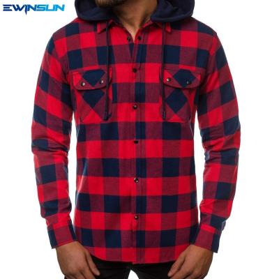 China Wholesale Anti-Shrink Cotton Casual Long Plaid T-Shirts Tops Shirts For Men Daily Autumn Men's Plaid Hooded Shirt Full Sleeve Shirts for sale