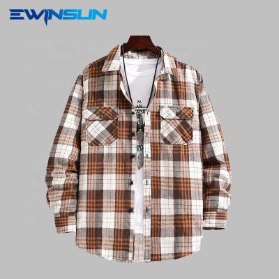 China Autumn Winter Casual Loose Mens Long Sleeve Anti-pilling Padded Shirt Cotton Plaid Polyester Shirt for sale