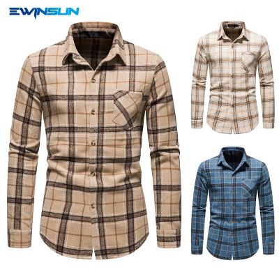 China New Winter Style Men's Anti-Shrink Flannel Plaid Shirt Lapel Casual Thick Jacket Distressed Sleeve Plaid Shirt Long For Men for sale